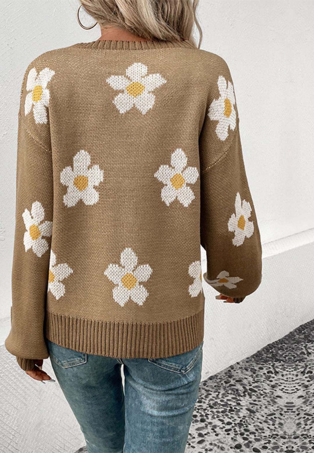 Daisy Flower Print Long Cuffed Sleeve Pullover Sweater