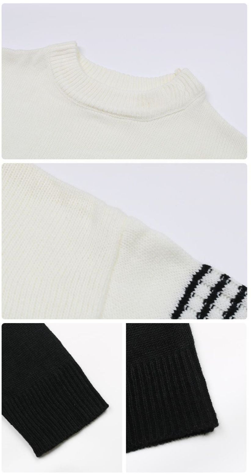 Mock Neck Stripe Color Blocked Drop Shoulder Pullover Sweater