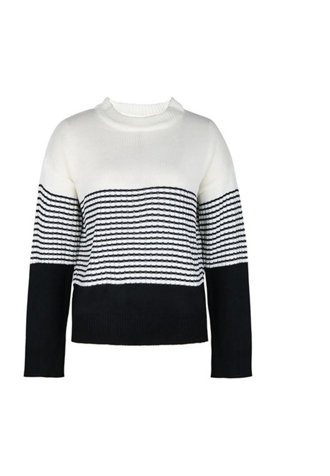 Mock Neck Stripe Color Blocked Drop Shoulder Pullover Sweater