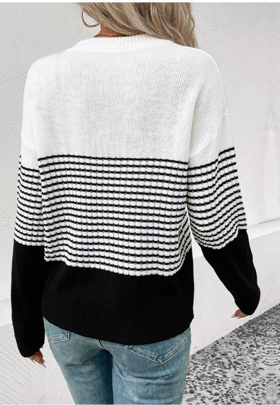 Mock Neck Stripe Color Blocked Drop Shoulder Pullover Sweater