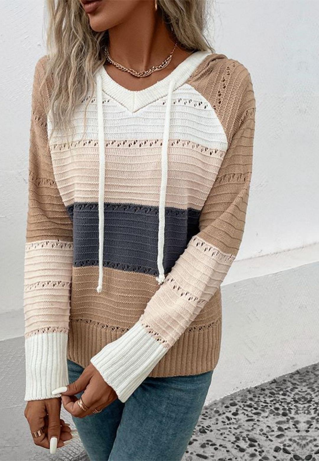 Mocha Stripe Color Blocked Eyelet Raglan Sleeve Hoodie Pullover Sweater