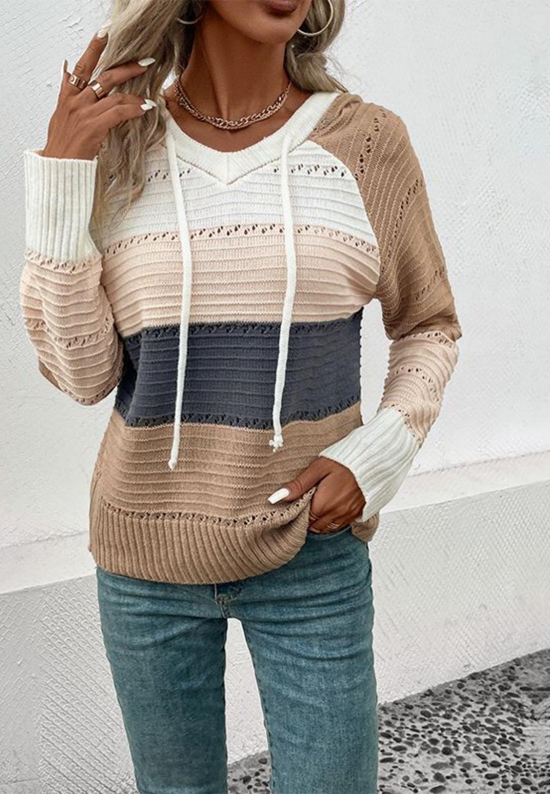 Mocha Stripe Color Blocked Eyelet Raglan Sleeve Hoodie Pullover Sweater