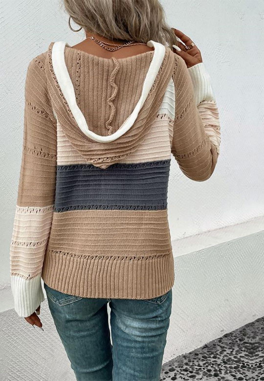 Mocha Stripe Color Blocked Eyelet Raglan Sleeve Hoodie Pullover Sweater