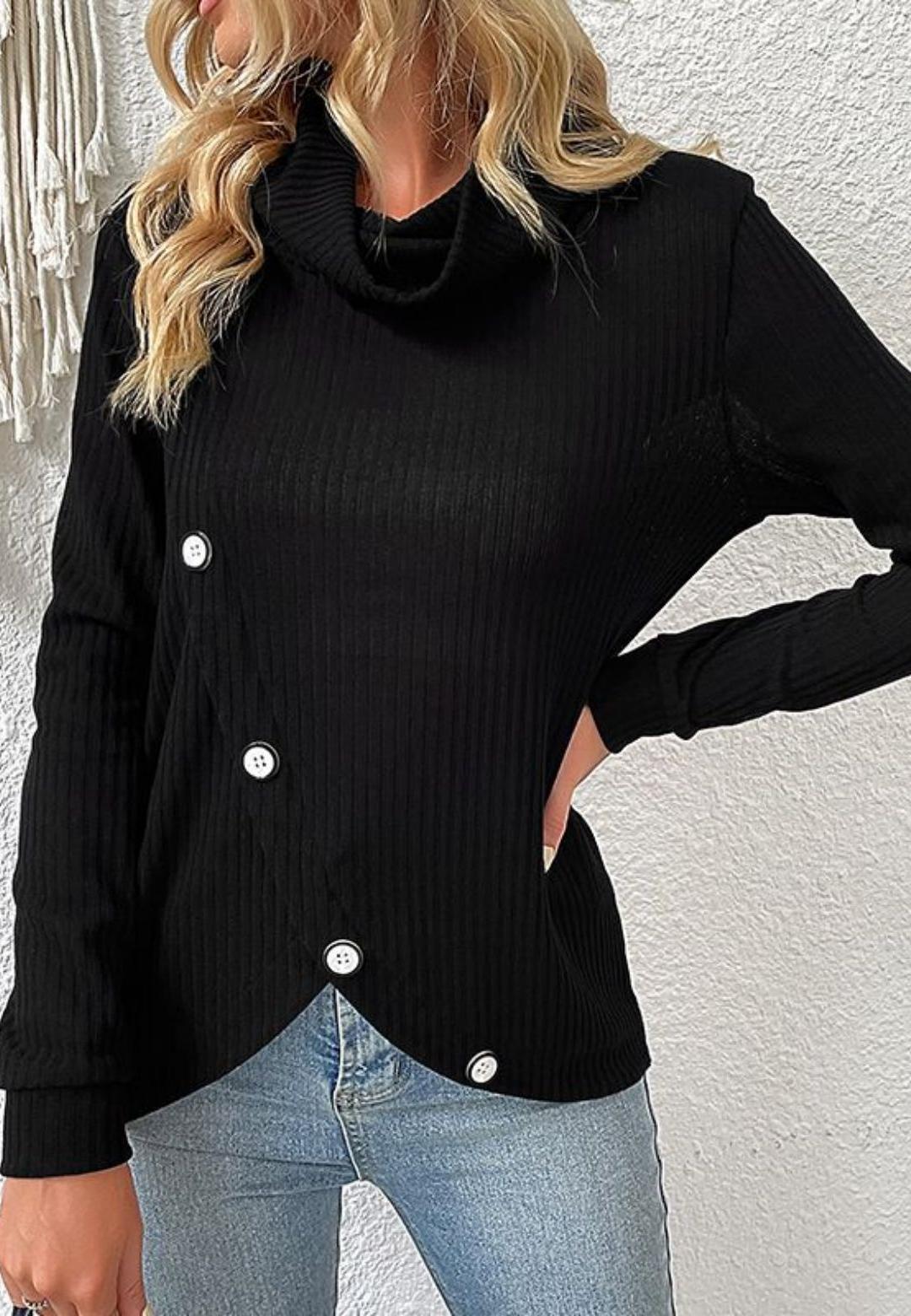Relaxed Mock Open Neck Tulip Hem Button Detail Pullover Sweater