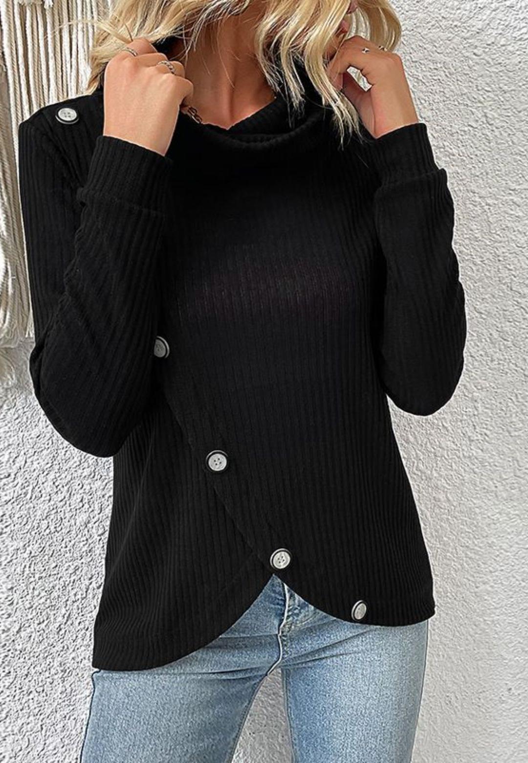 Relaxed Mock Open Neck Tulip Hem Button Detail Pullover Sweater