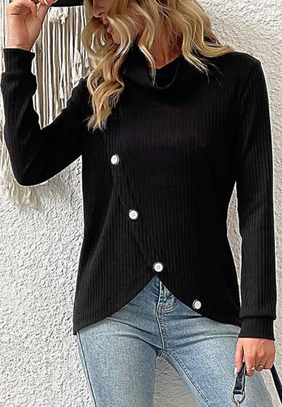 Relaxed Mock Open Neck Tulip Hem Button Detail Pullover Sweater