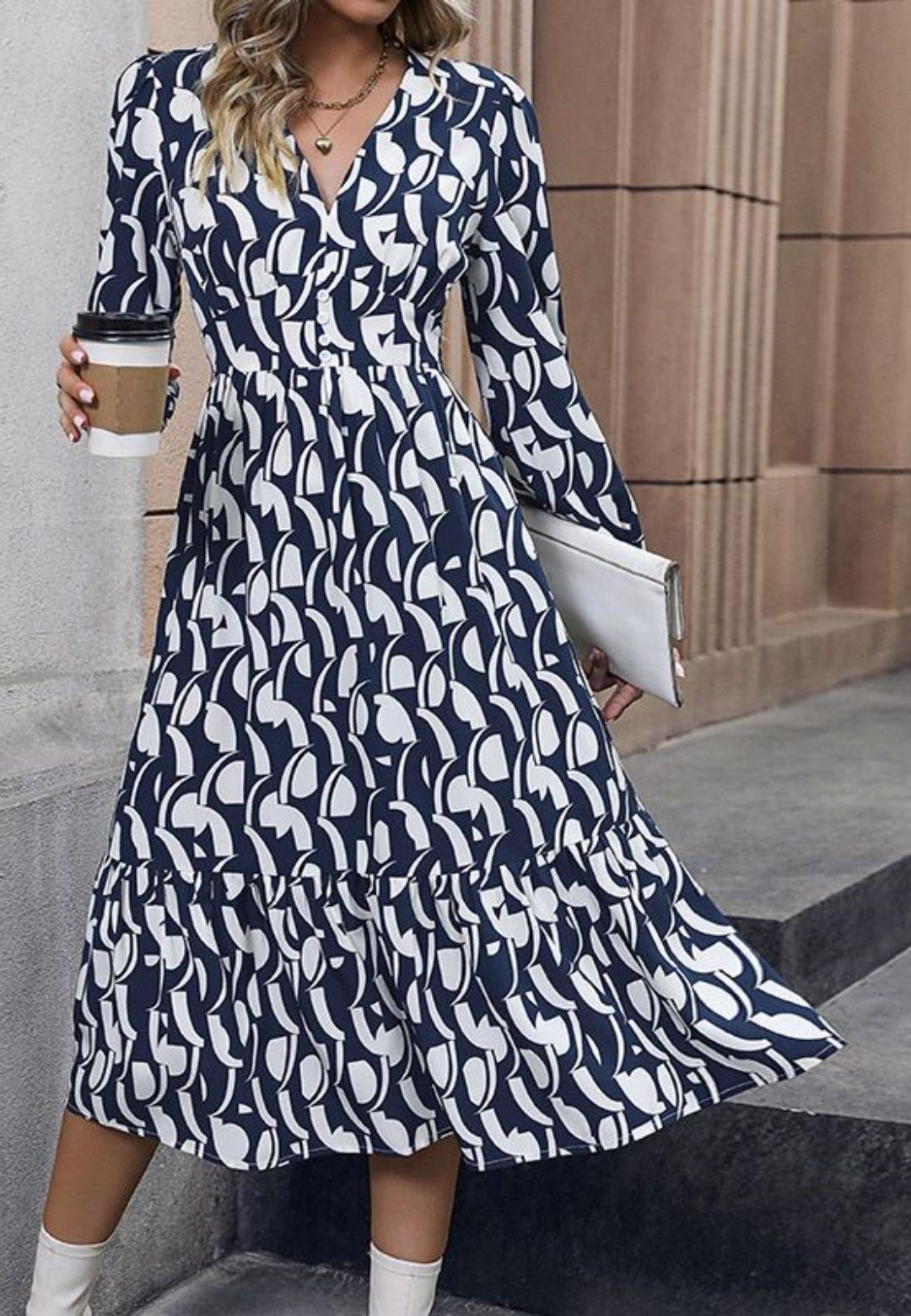 V-Neck Gathered Empire Waist Puffed Sleeve Midi Dress