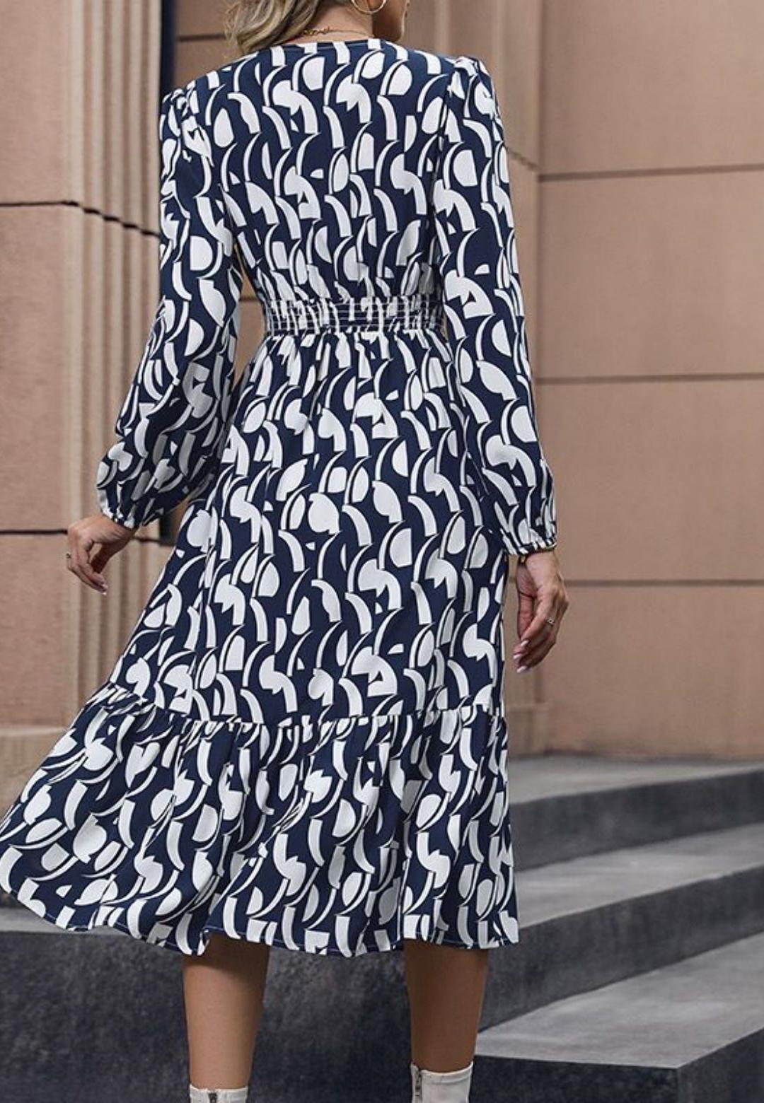 V-Neck Gathered Empire Waist Puffed Sleeve Midi Dress