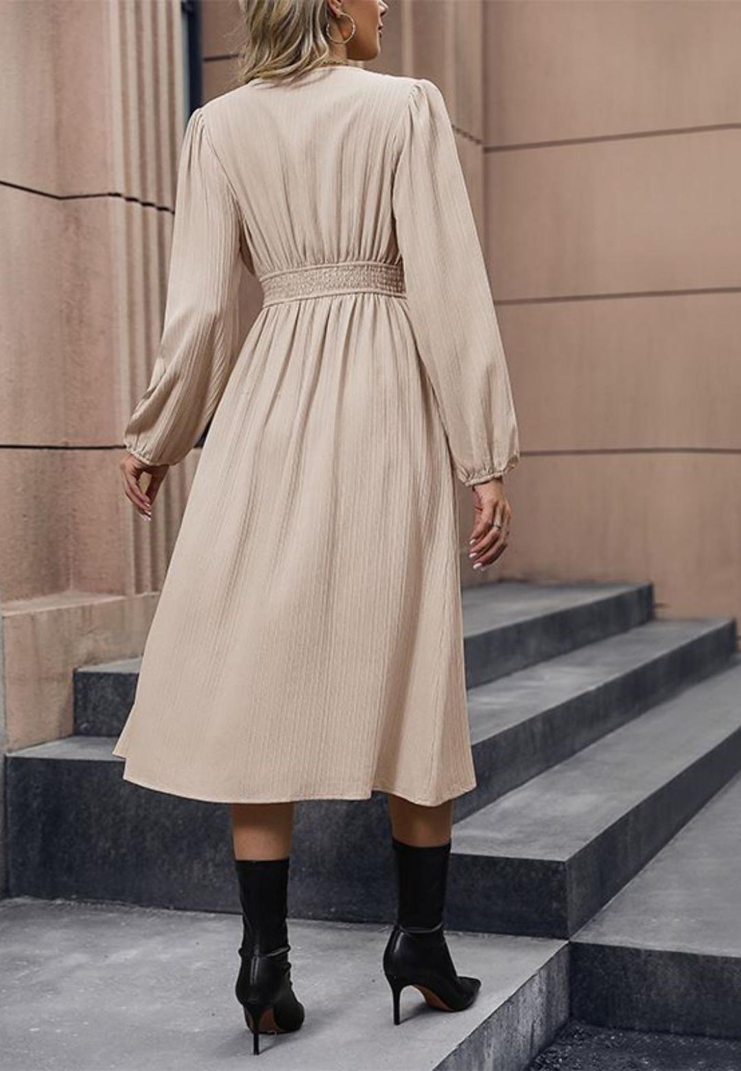 Empire Waist Button Detail V-Neck Front Slit Midi Textured Dress