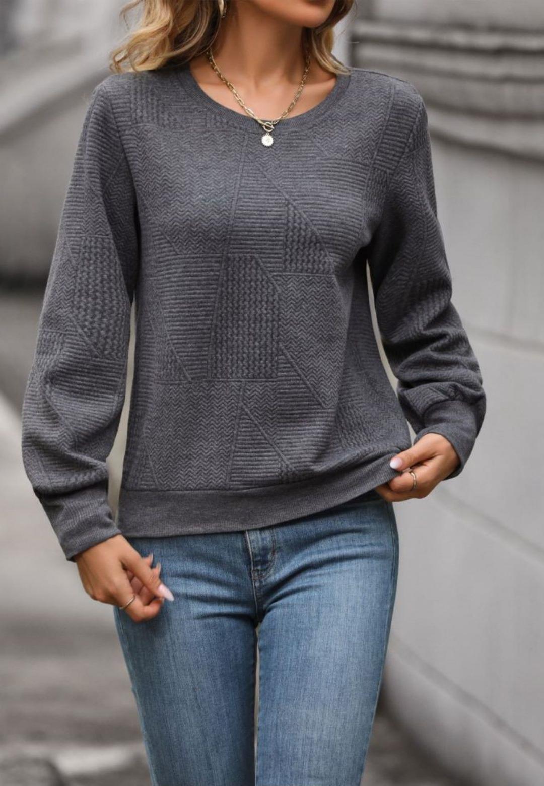 Textured Open Crew Neck Cuffed Pullover Sweater