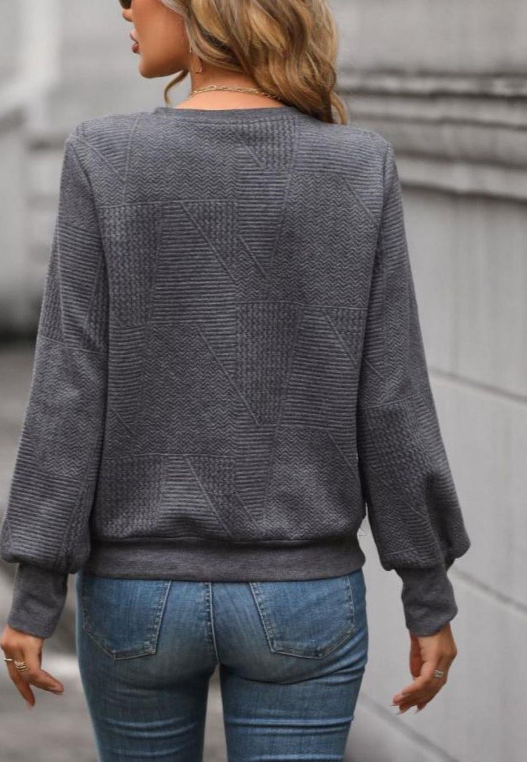 Textured Open Crew Neck Cuffed Pullover Sweater