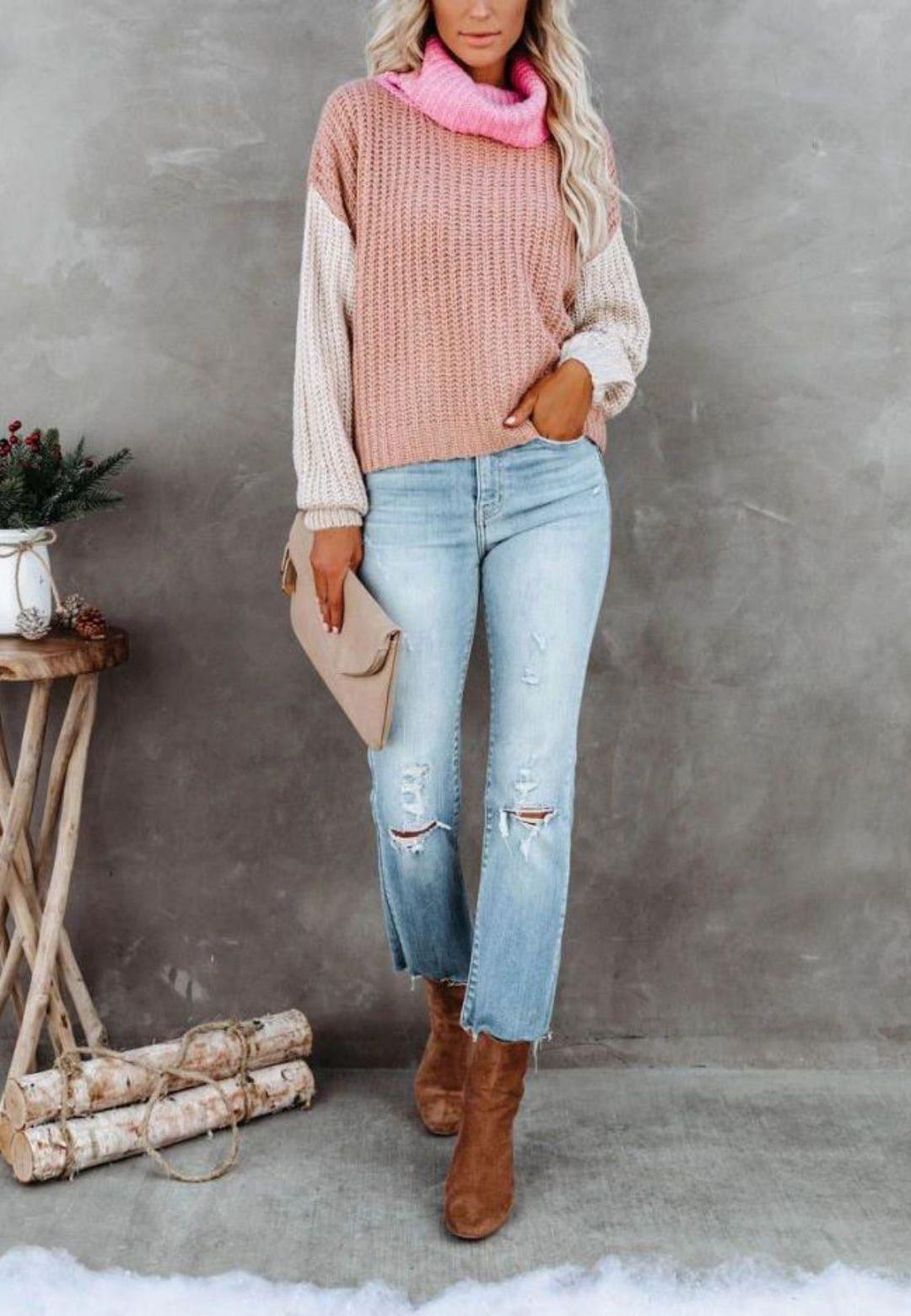 Color Blocked Cowl Open Neck Dolman Sleeve Sweater