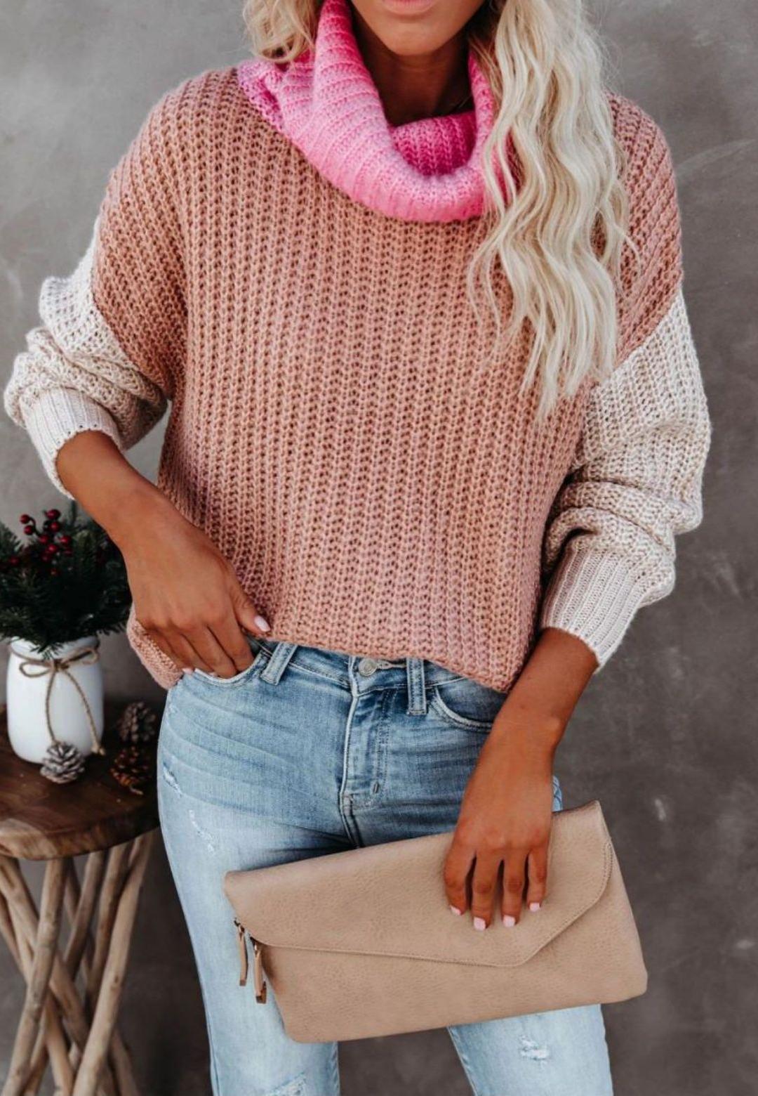 Color Blocked Cowl Open Neck Dolman Sleeve Sweater