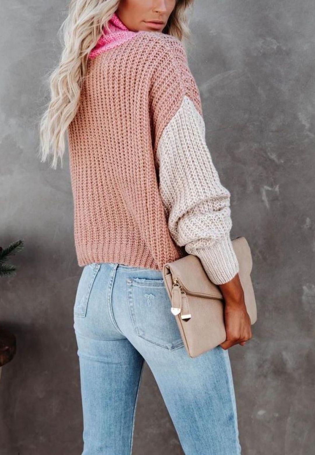 Color Blocked Cowl Open Neck Dolman Sleeve Sweater
