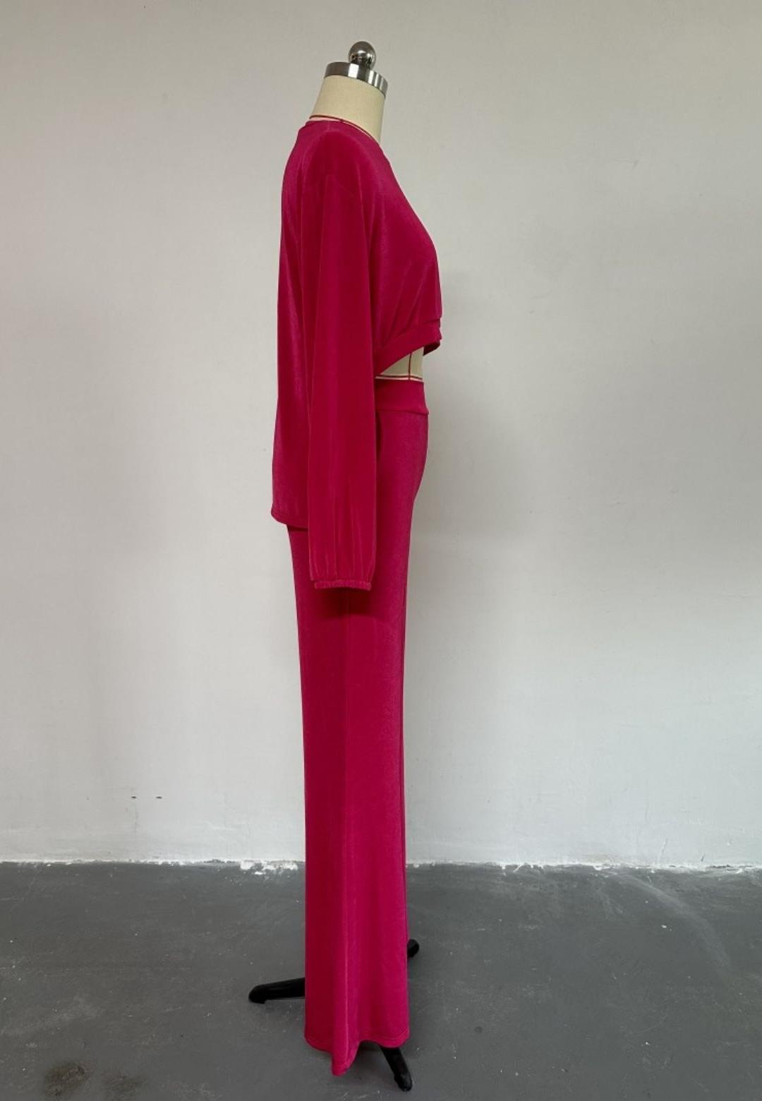 Gathered High Long Midi Sleeve Top and Straight Leg Pant Set