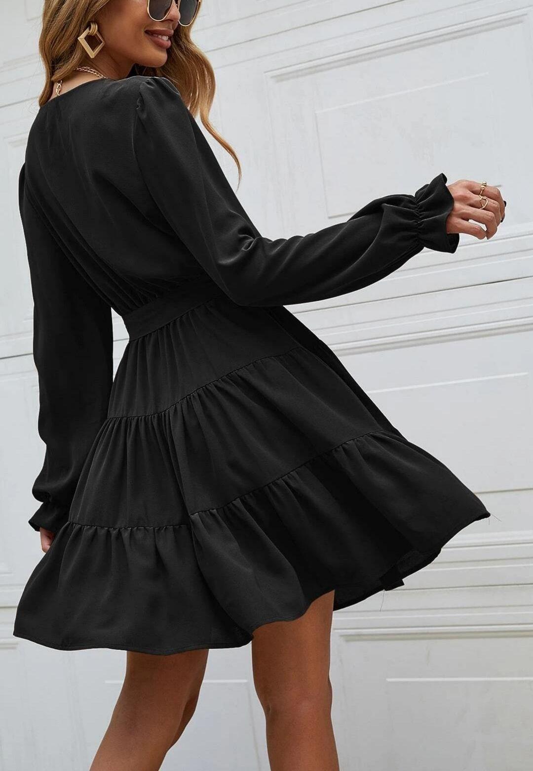 V-Neck Button Detail Puffed Sleeve Ruffle Detail Flared Tunic Dress