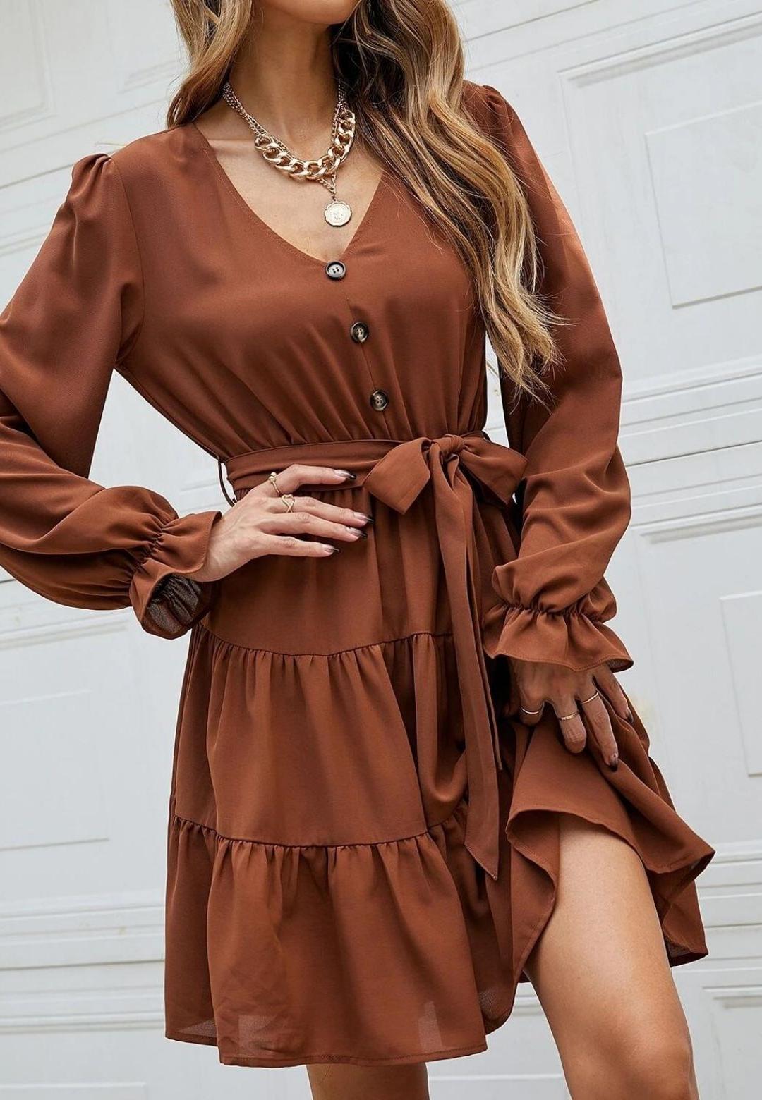 V-Neck Button Detail Puffed Sleeve Ruffle Detail Flared Tunic Dress