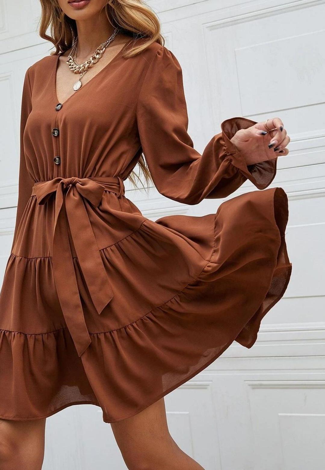V-Neck Button Detail Puffed Sleeve Ruffle Detail Flared Tunic Dress