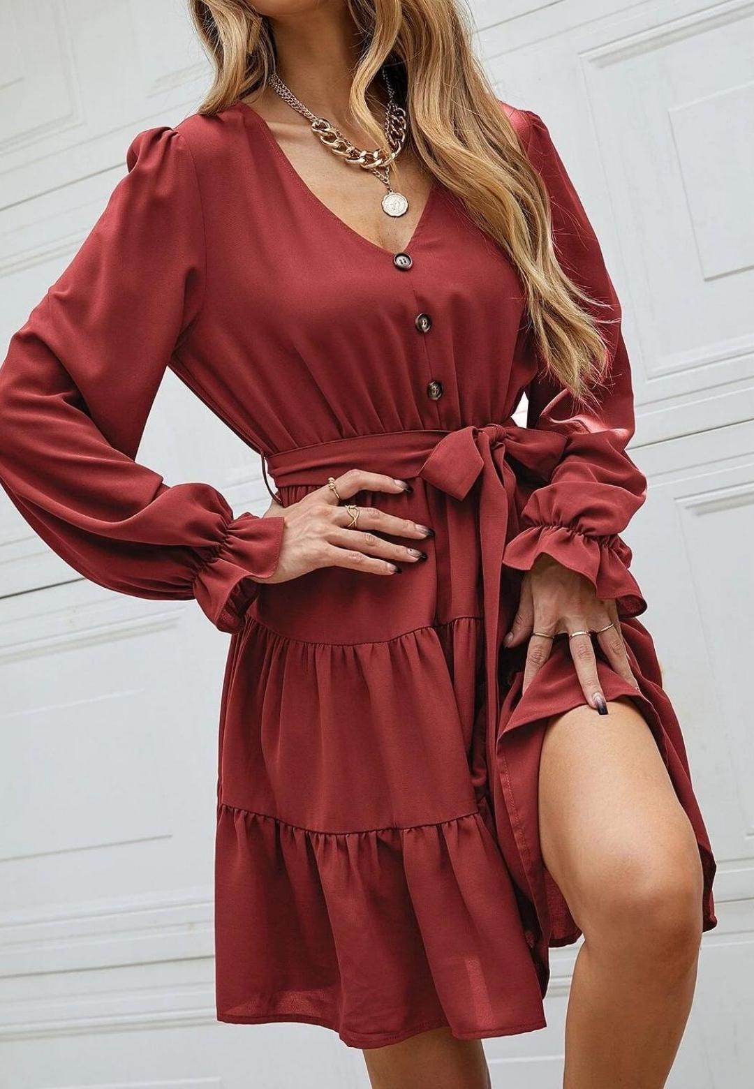 V-Neck Button Detail Puffed Sleeve Ruffle Detail Flared Tunic Dress