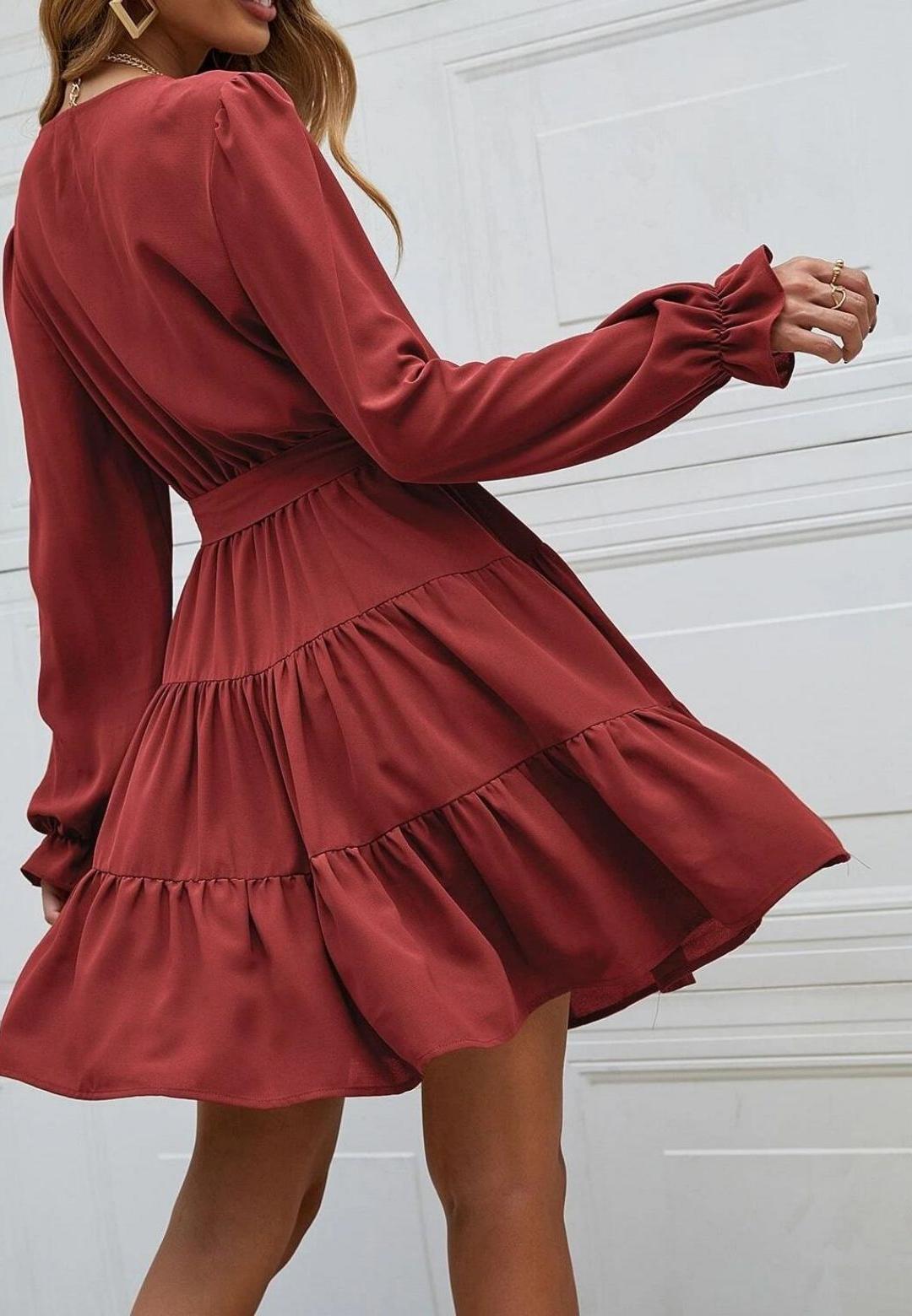 V-Neck Button Detail Puffed Sleeve Ruffle Detail Flared Tunic Dress