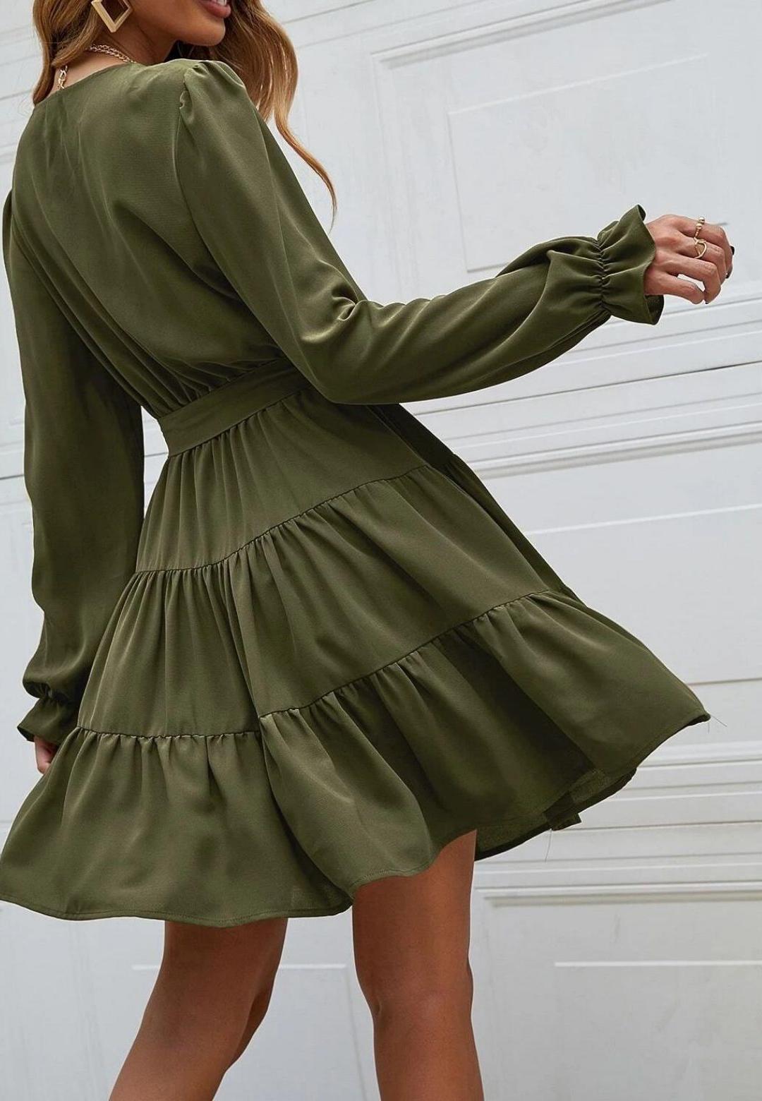 V-Neck Button Detail Puffed Sleeve Ruffle Detail Flared Tunic Dress