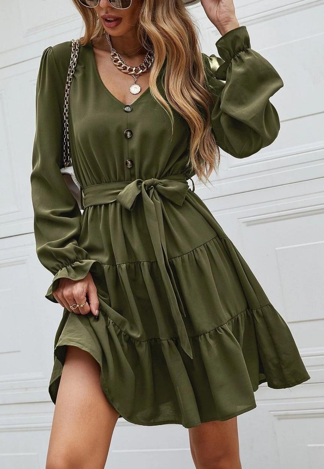 V-Neck Button Detail Puffed Sleeve Ruffle Detail Flared Tunic Dress