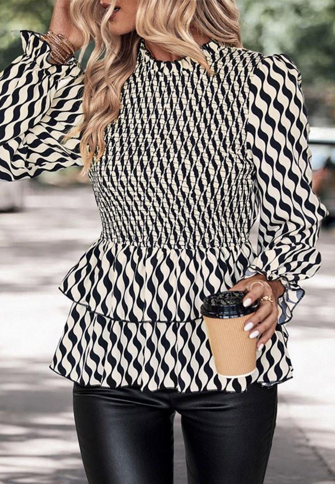 Wavy Print Tiered Peplum Blouse
