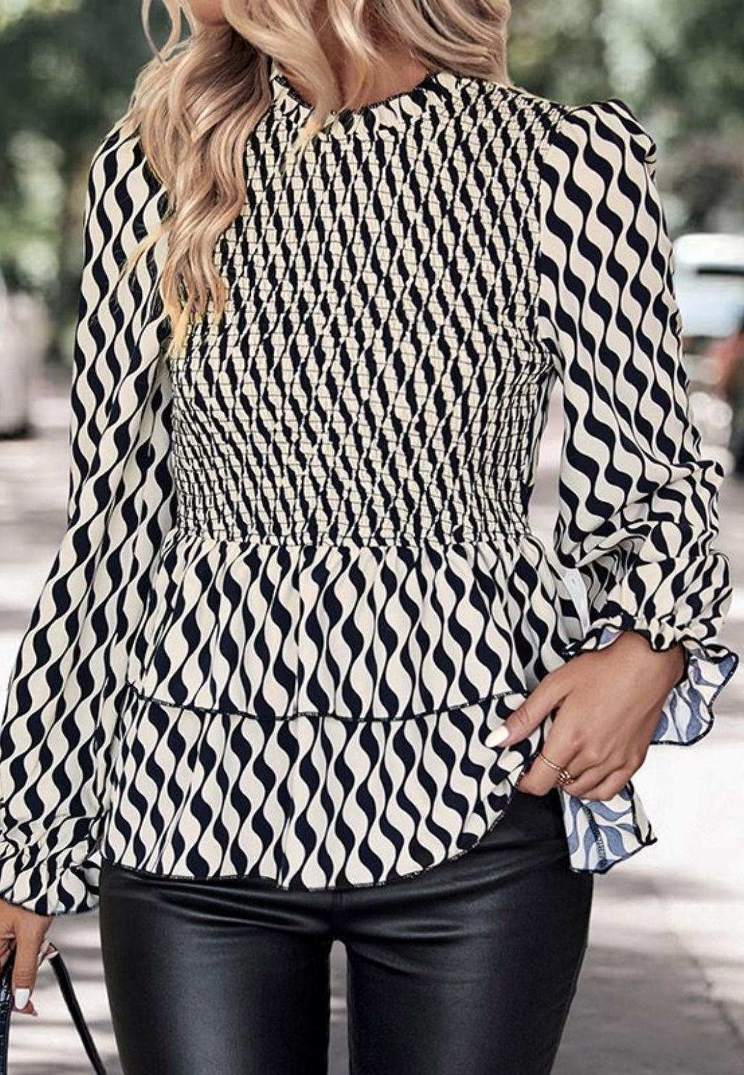 Wavy Print Tiered Peplum Blouse