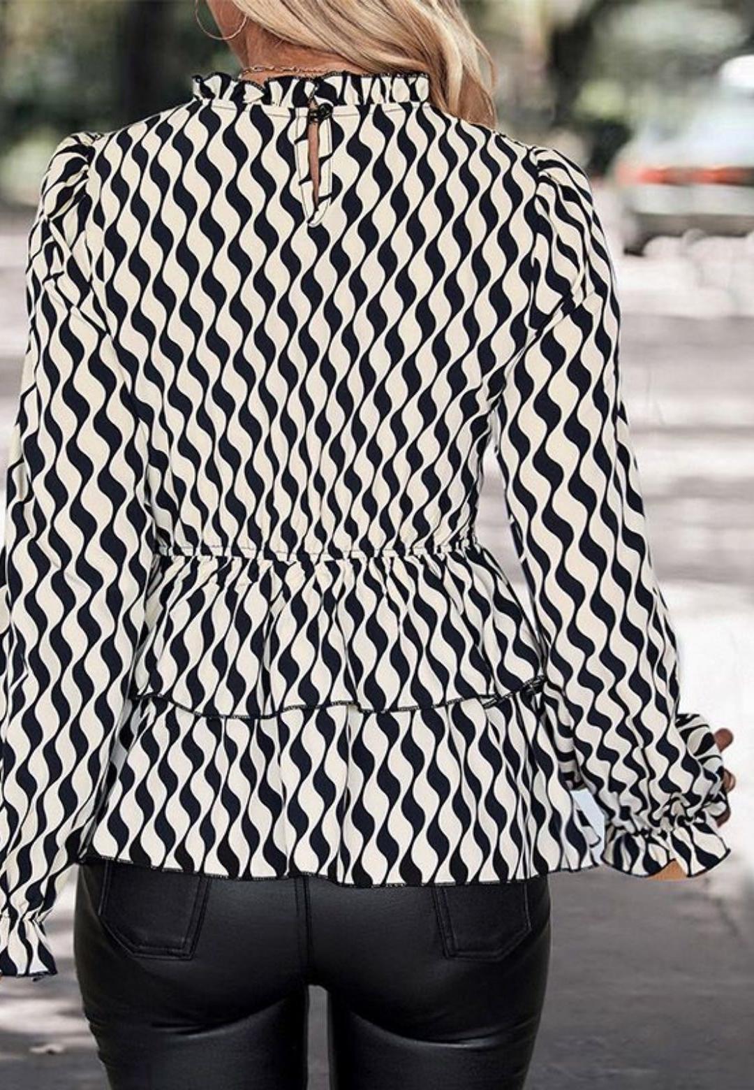 Wavy Print Tiered Peplum Blouse