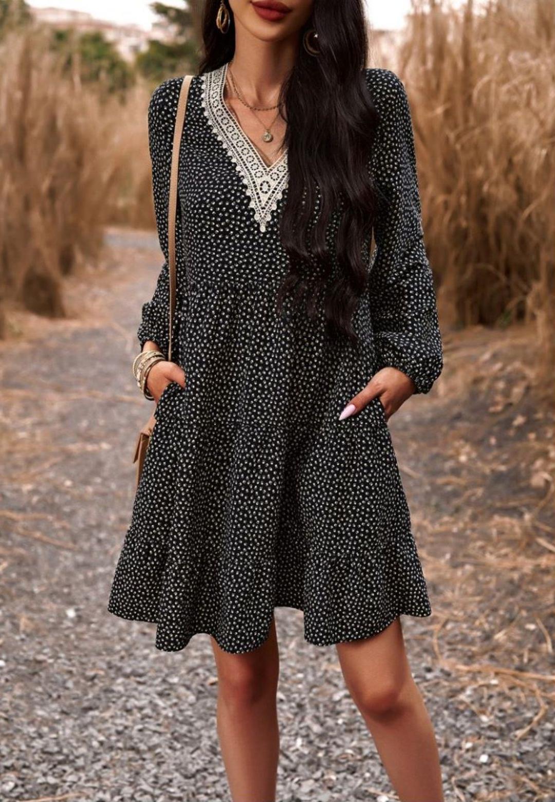 Crochet V Neck Spotted Print Dress