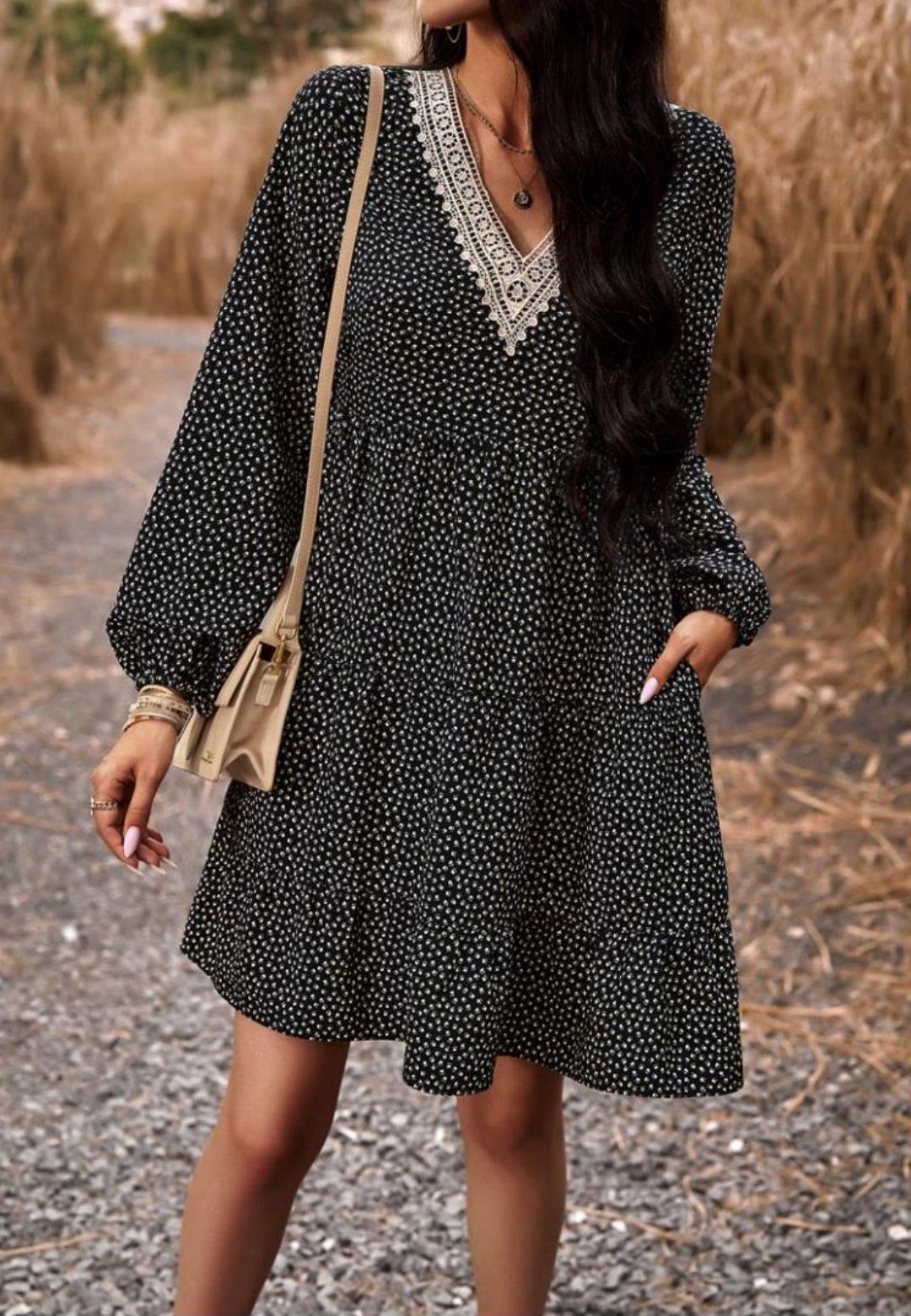 Crochet V Neck Spotted Print Dress