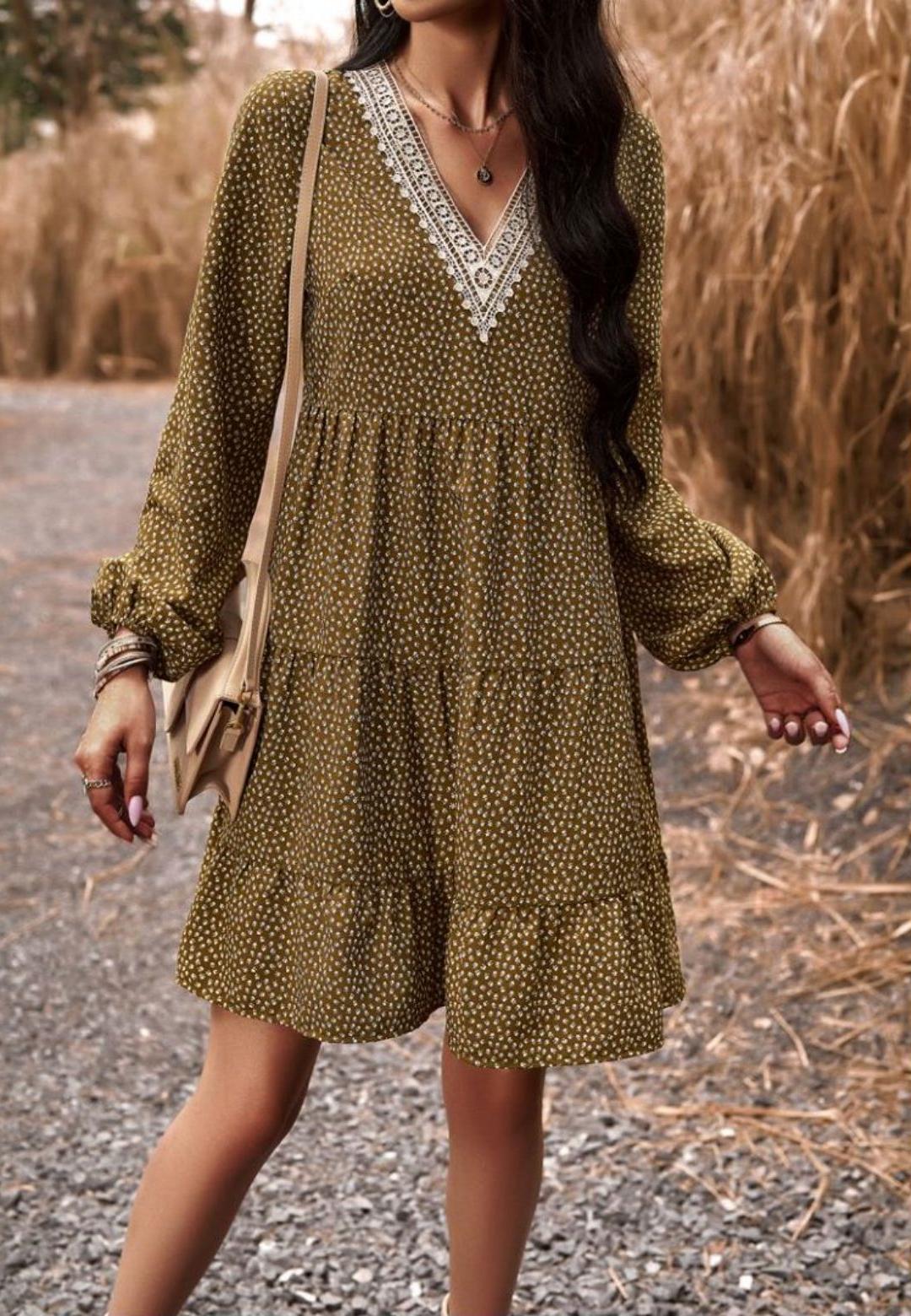Crochet V Neck Spotted Print Dress