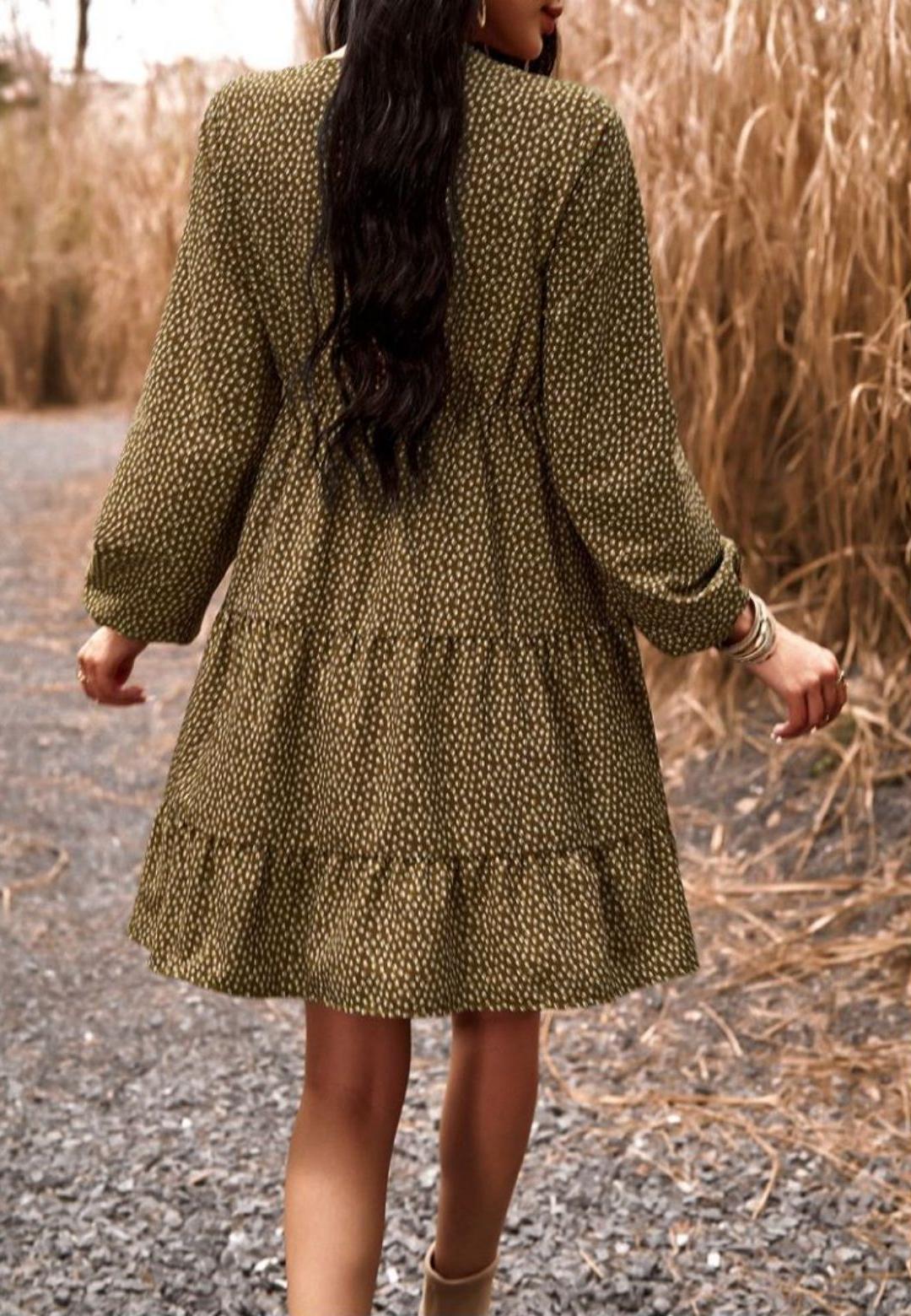 Crochet V Neck Spotted Print Dress