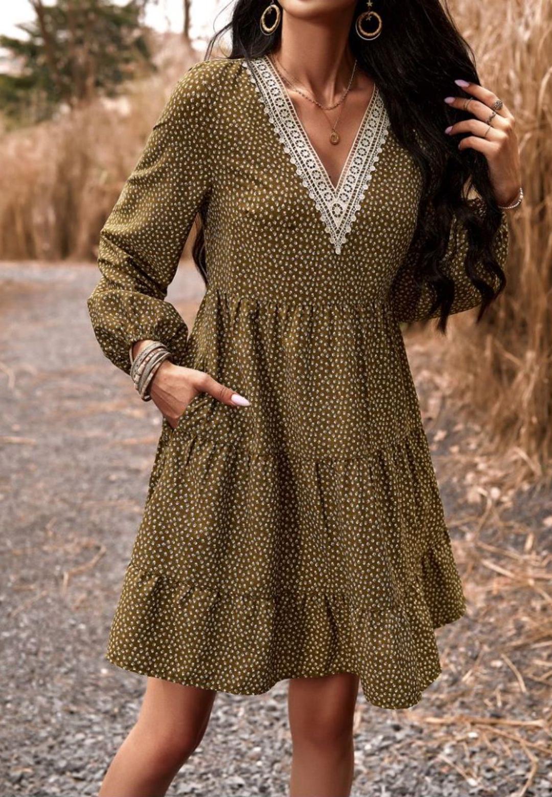 Crochet V Neck Spotted Print Dress