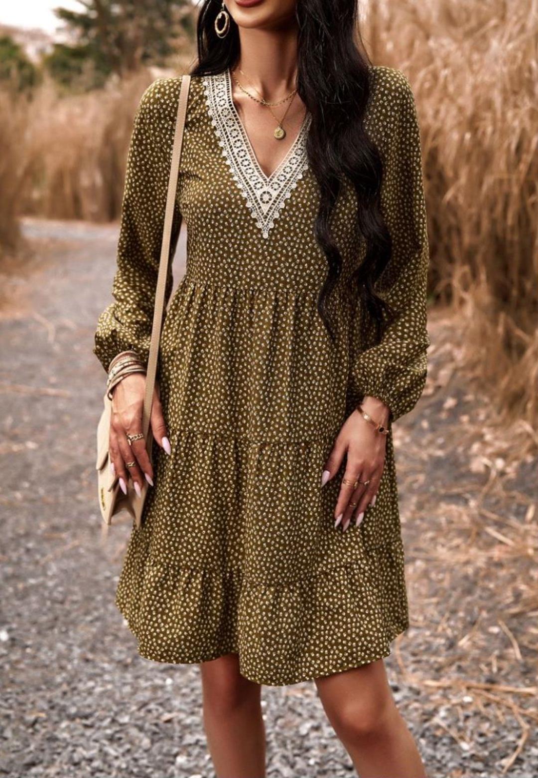 Crochet V Neck Spotted Print Dress