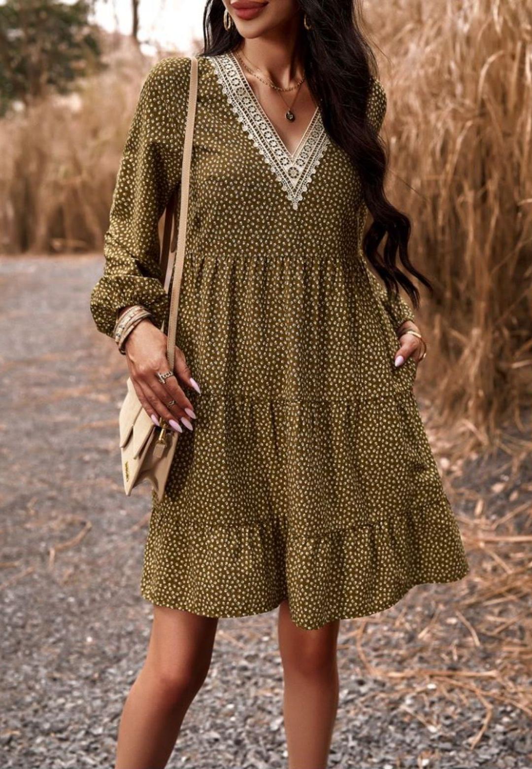 Crochet V Neck Spotted Print Dress