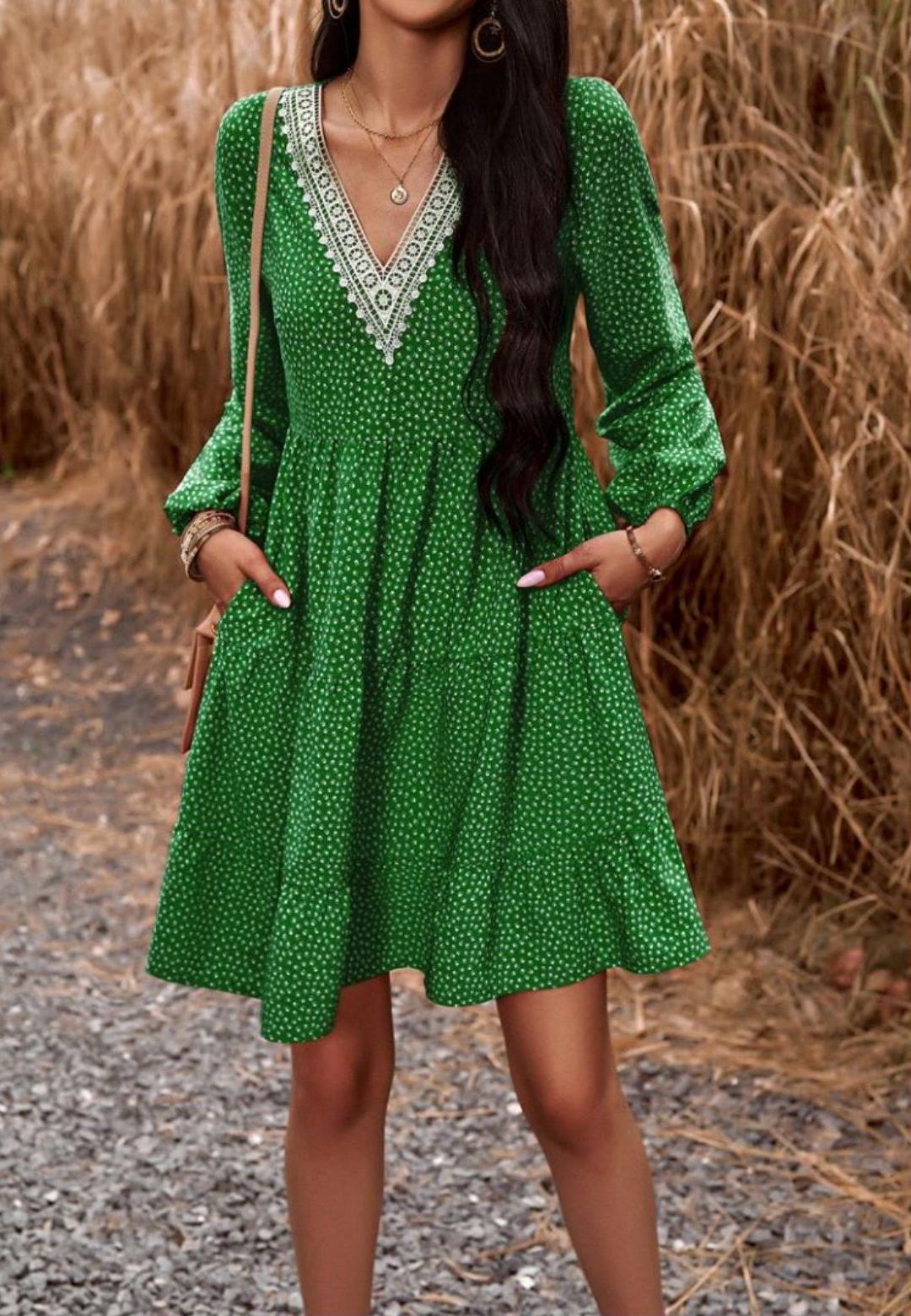 Crochet V Neck Spotted Print Dress