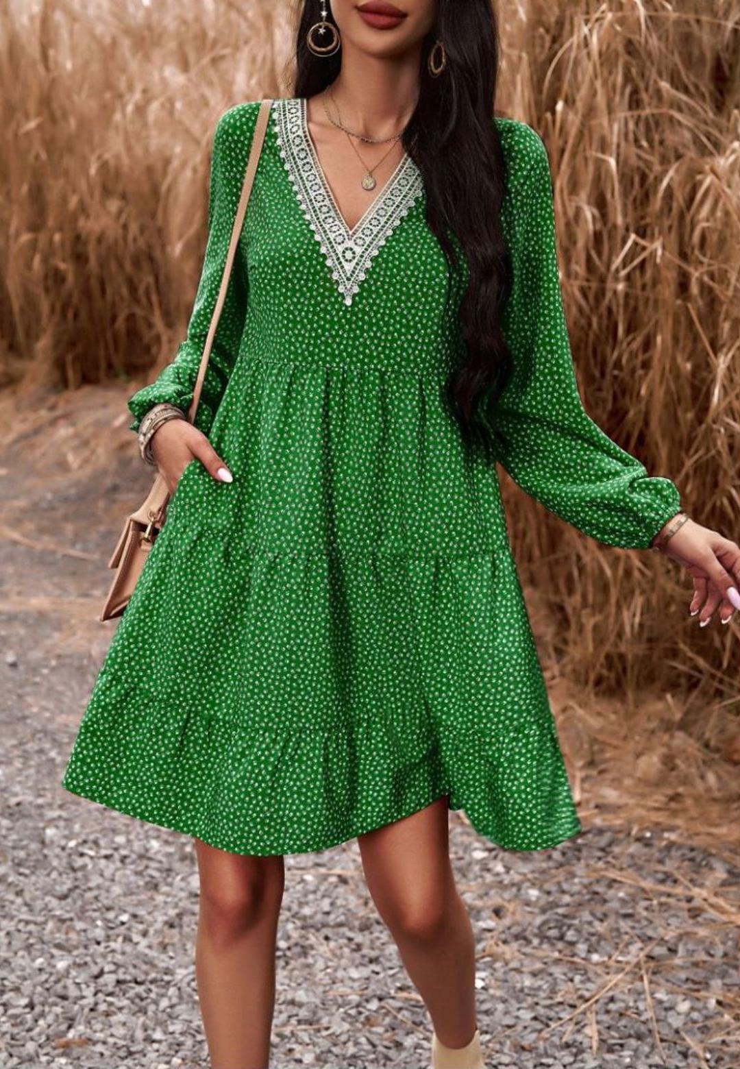 Crochet V Neck Spotted Print Dress