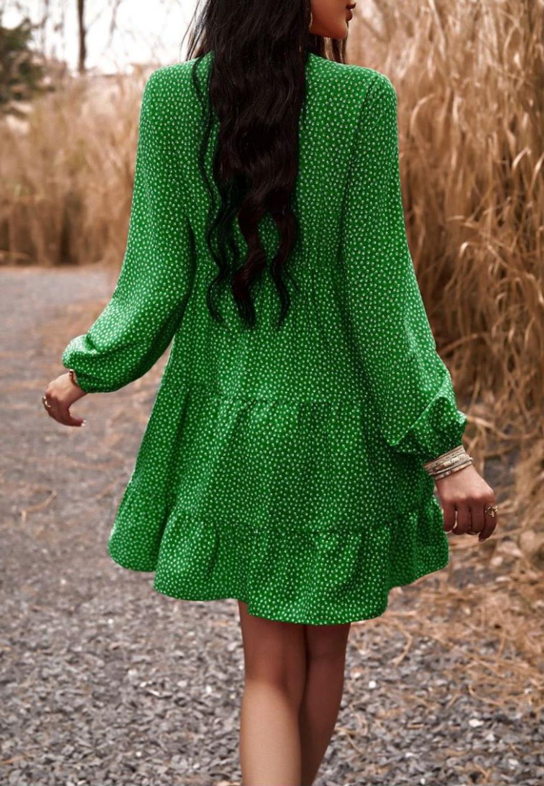 Crochet V Neck Spotted Print Dress