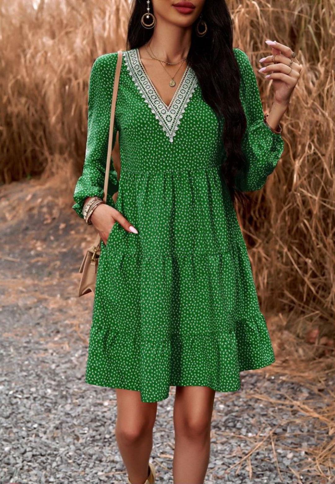 Crochet V Neck Spotted Print Dress