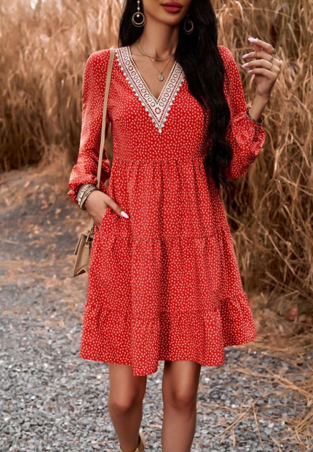 Crochet V Neck Spotted Print Dress