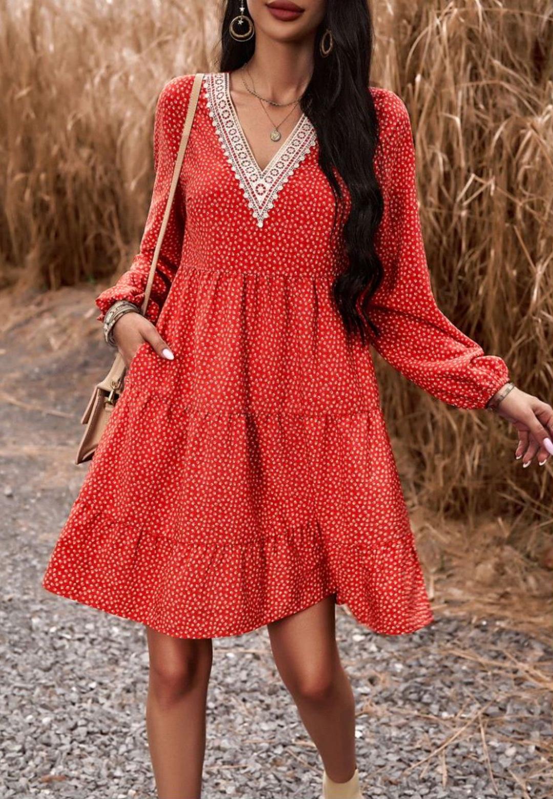 Crochet V Neck Spotted Print Dress