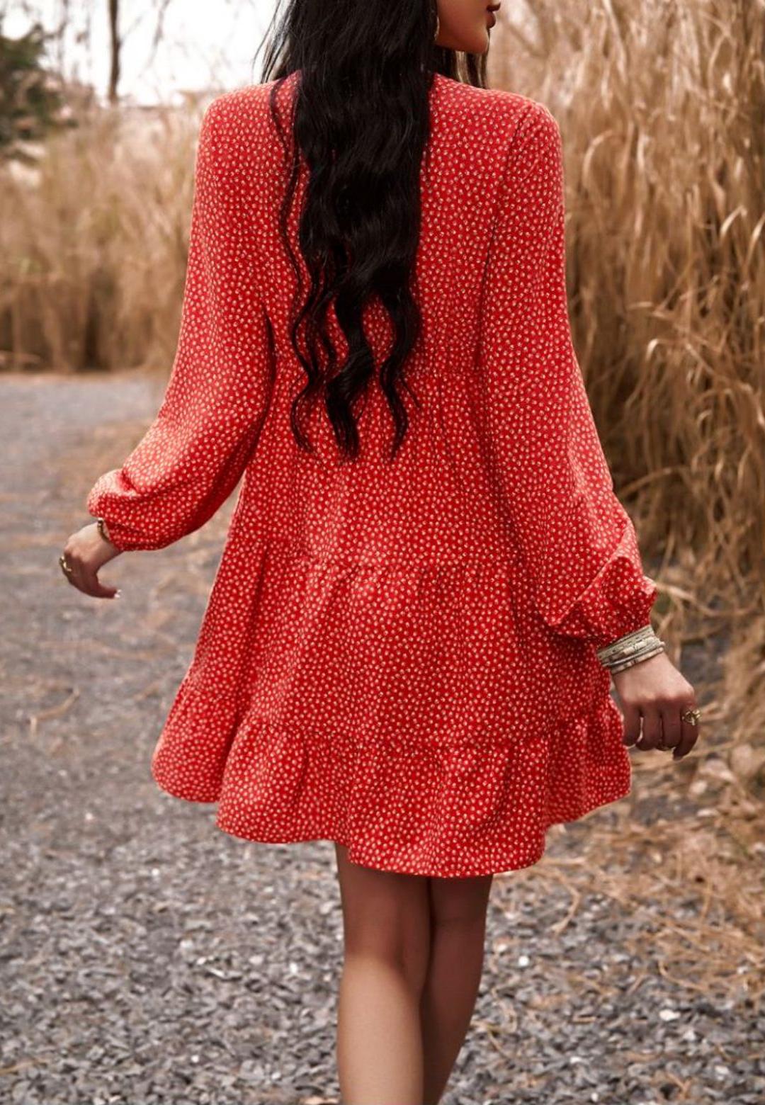 Crochet V Neck Spotted Print Dress