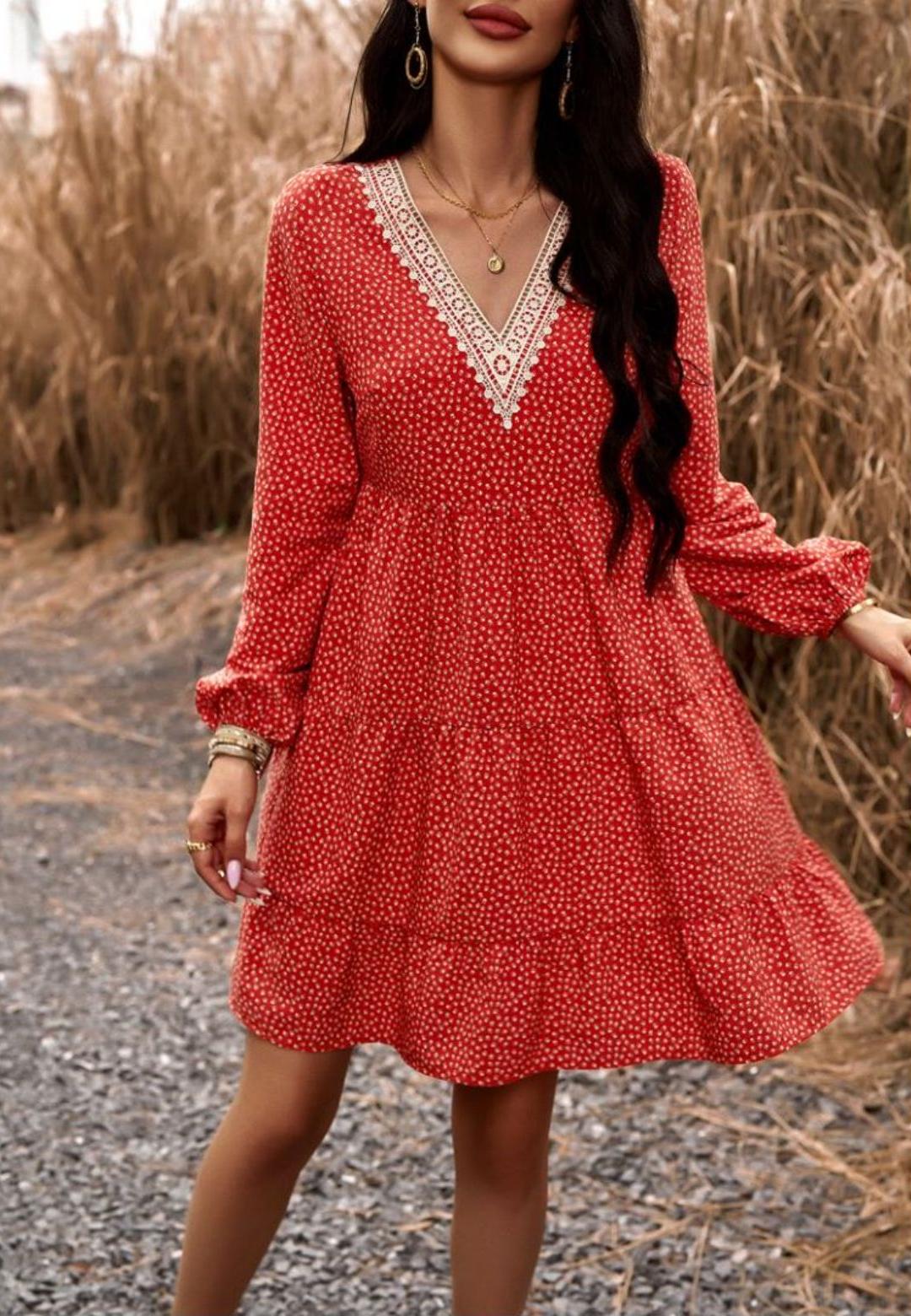 Crochet V Neck Spotted Print Dress