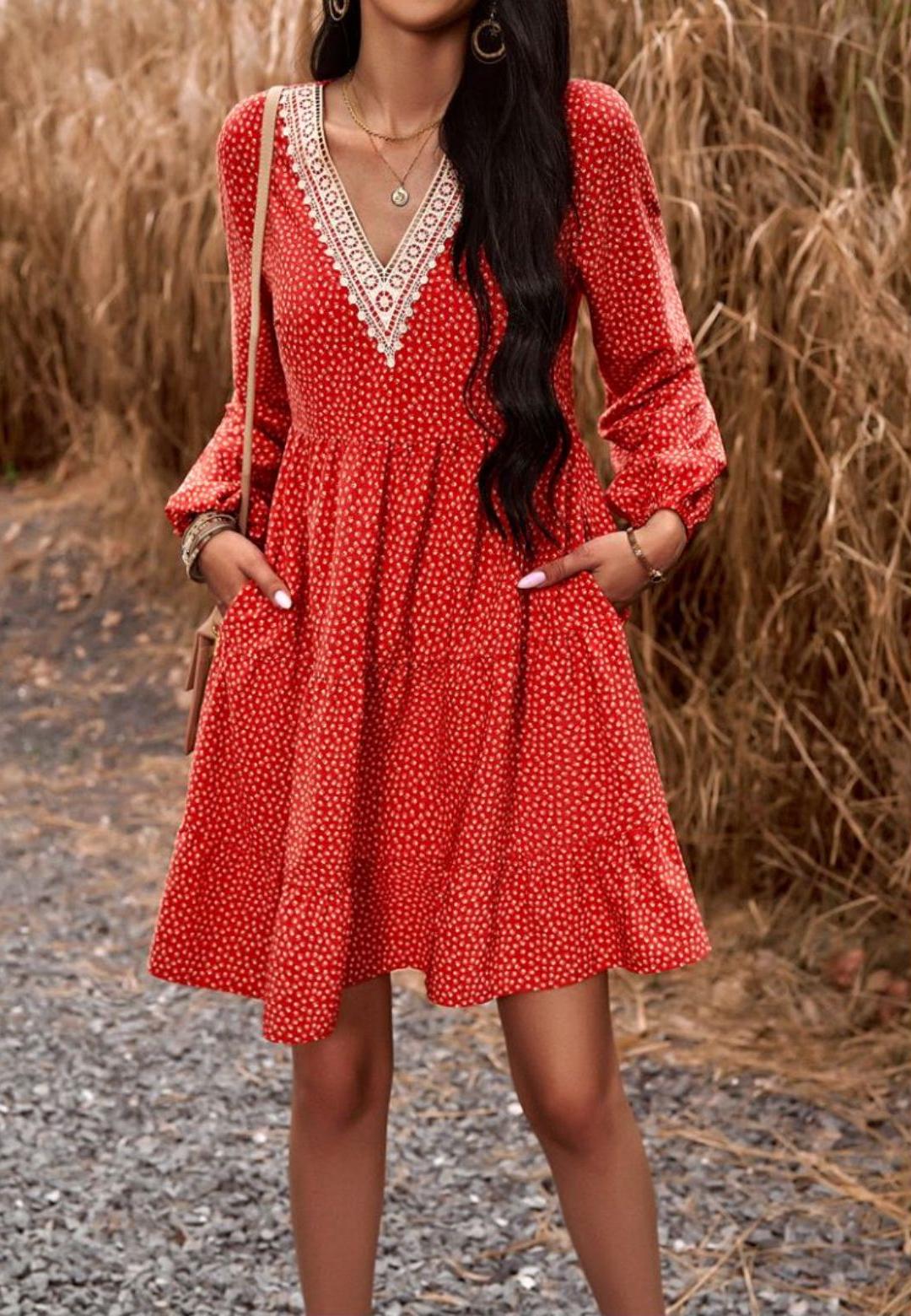 Crochet V Neck Spotted Print Dress