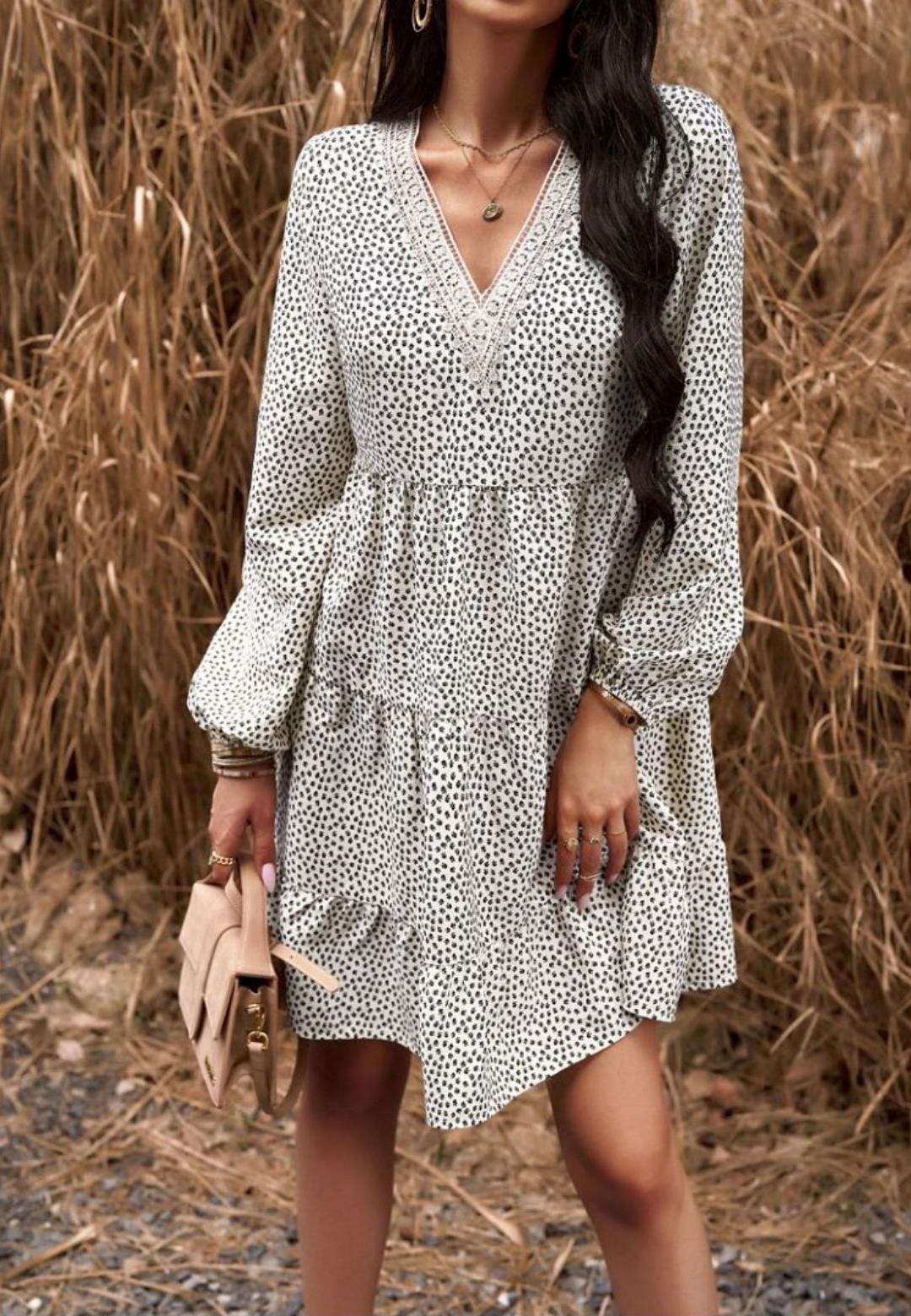 Crochet V Neck Spotted Print Dress