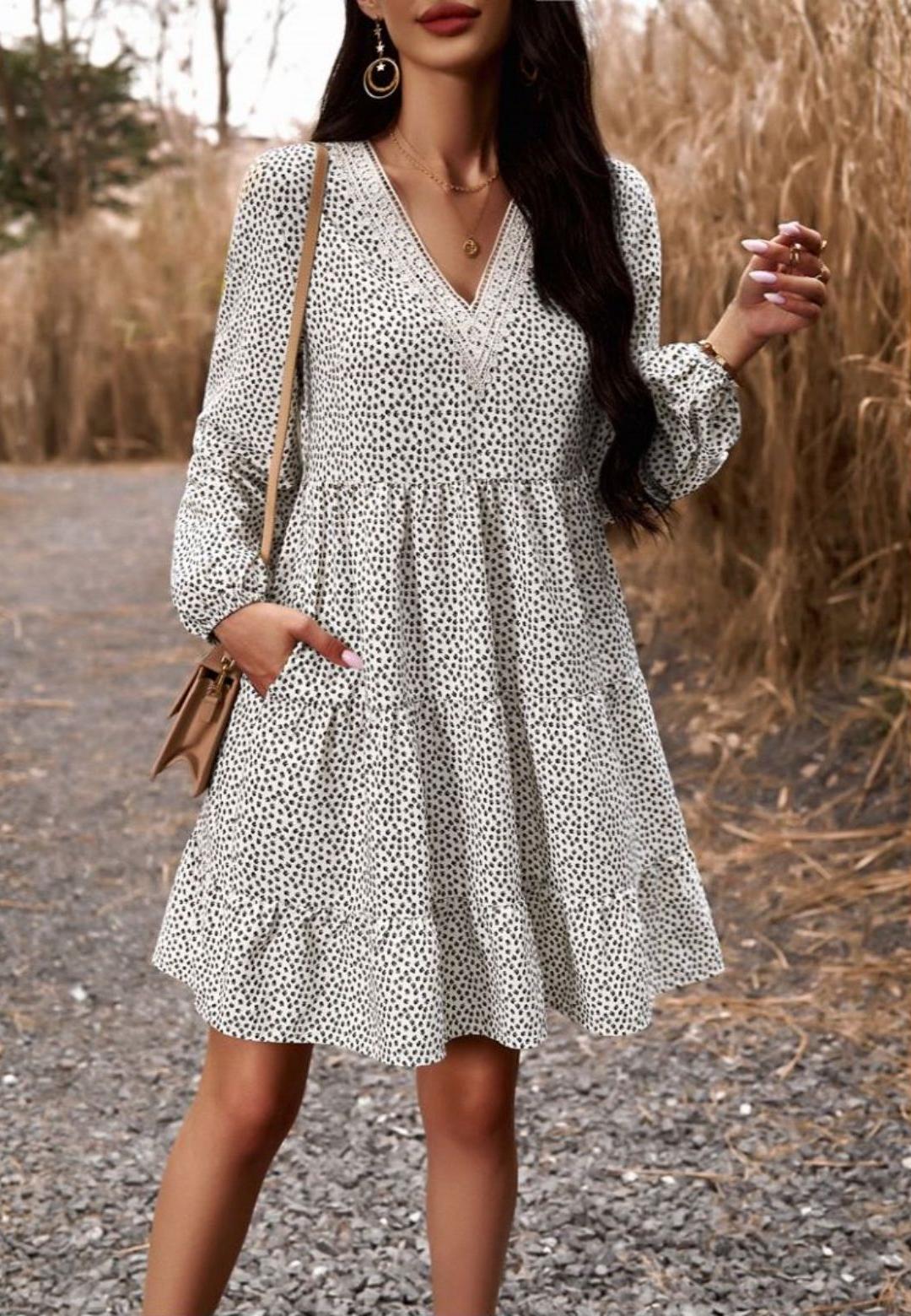 Crochet V Neck Spotted Print Dress