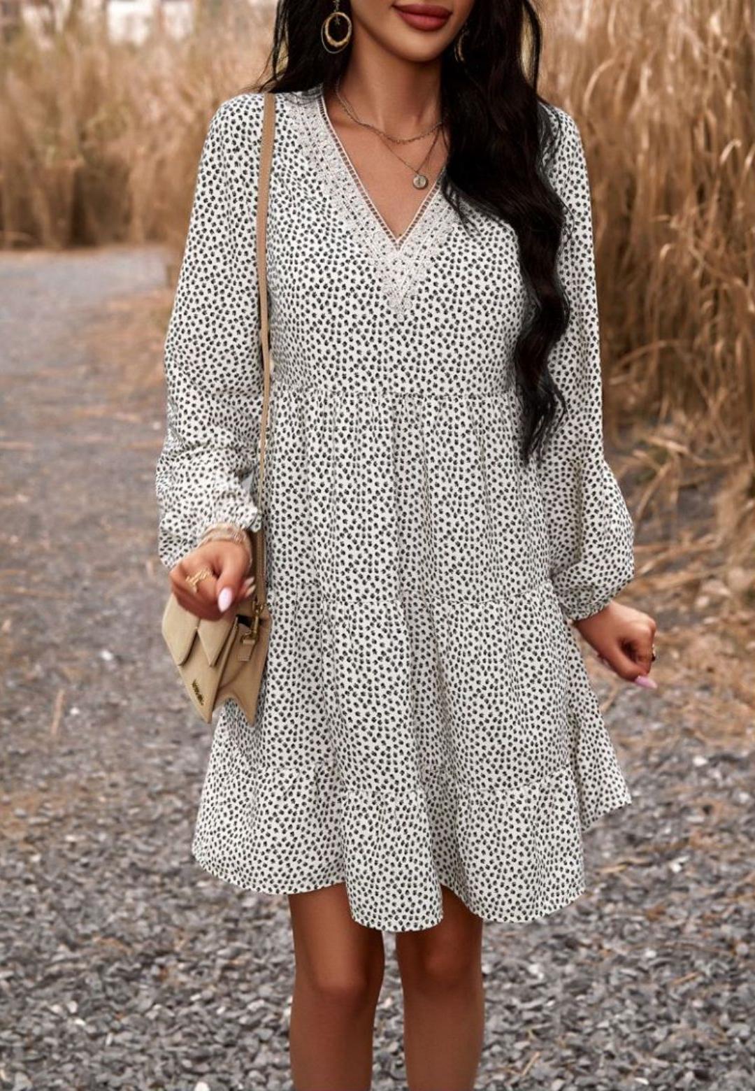 Crochet V Neck Spotted Print Dress