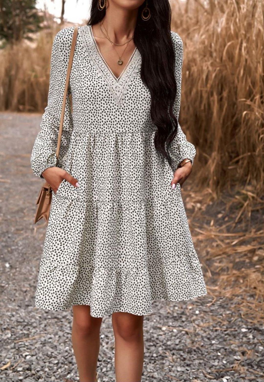 Crochet V Neck Spotted Print Dress