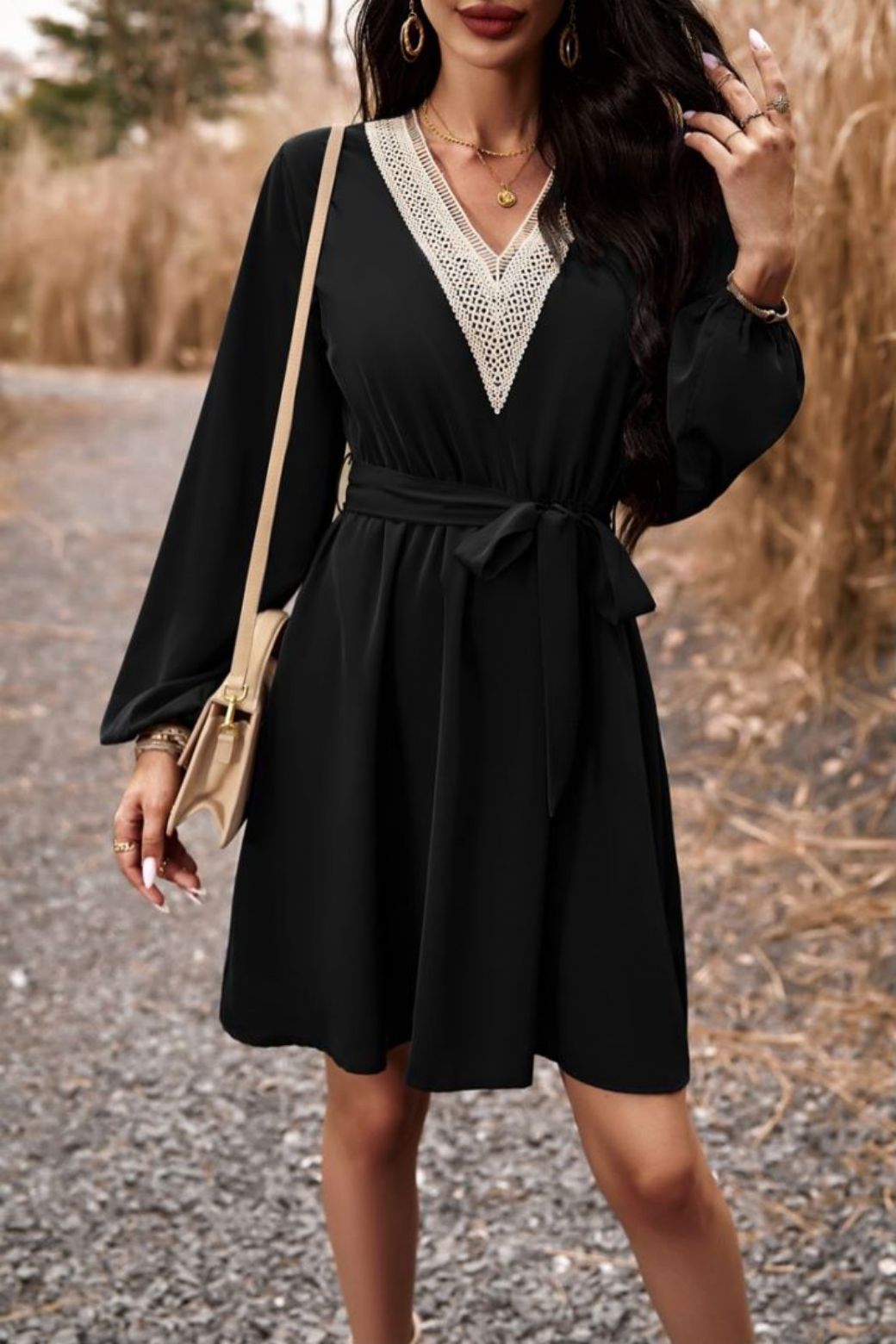 Crochet V Neck Long Sleeve Dress